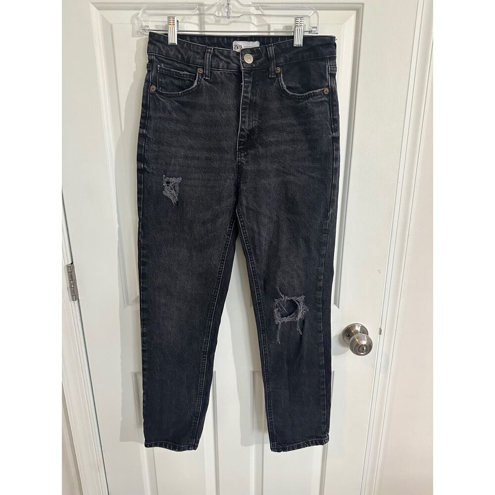 Zara Women's Ripped Black Wash Denim Jeans Distressed Slim Fit Size 8